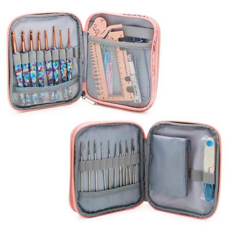 Kit Agulhas de Crochê e Acessórios Rosa Indiano com 55 Und