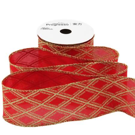 Fita Aramada Natal Progresso TCG056 Geométrico Vermelho 63mm 10mts 