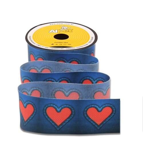 Fita De Gorgurão Alpet 3298/17 40mm Coração Vermelho Fundo Jeans 10mts FL