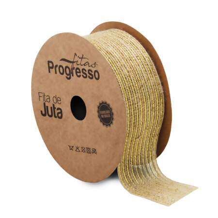 Fita de Juta com Fio Lurex Progresso JL009 Natural-Dourado 38mm 10mts