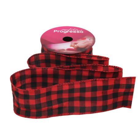 Fita de Natal Progresso Aramada Xadrez Preto-Vermelho XC027 63mm 10mts