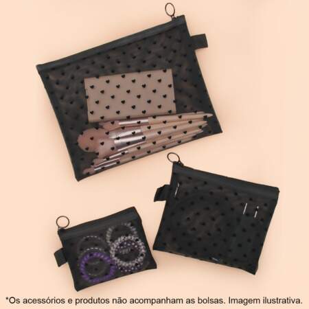 Kit Necessaire Bolsa Organizadora Mesh Coração com 03 Und