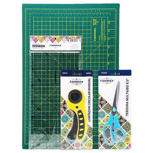 Kit Patchwork para Iniciante com Base, Régua, Cortador e Tesoura Lanmax A3