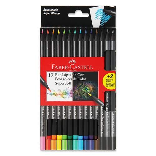 Lápis de Cor SuperSoft Faber-Castell 120712SOFT com 12 Cores + 2 Ecolápis Grafite