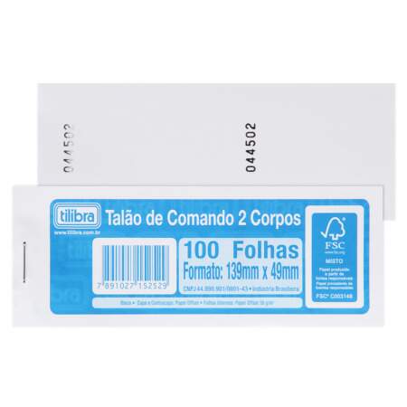 Talão de Comando 2 Corpos Numerados Tilibra 100 Folhas