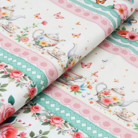 Tecido Patchwork Peripan 9050-V298 Barrado Xícaras 0,58x1,50mts