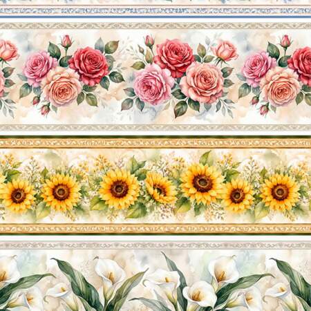 Tecido Patchwork Peripan 9050-V498 Barrado Flores 0,58x1,50mts