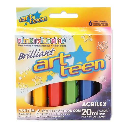Tinta Dimensional 3D Brilliant Art Teen Acrilex Ref.12106 06 Cores