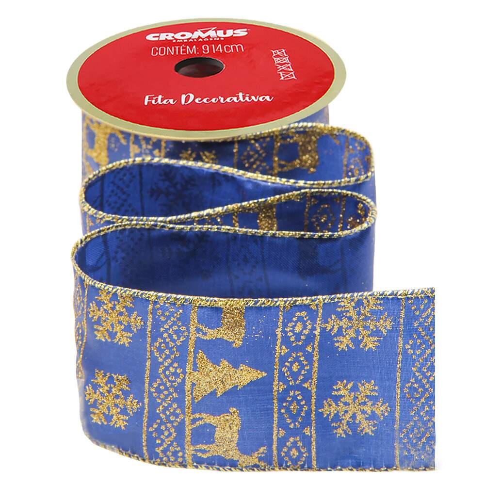 Fita de Natal Cromus 6,3cm 1012964 Floco Neve Azul-Ouro 9,14mts FL Fita de Natal Cromus 6,3cm 1012964 Floco Neve Azul-Ouro 9,14mts FL