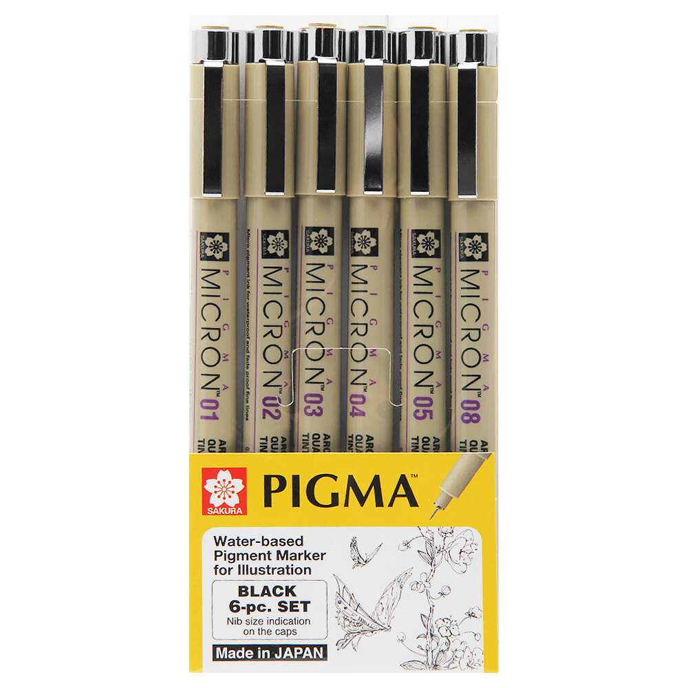 Sakura Pigma Micron Set - 6 Schwarze & Goldene Fineliner (005 Bis 08), Dokumentenecht