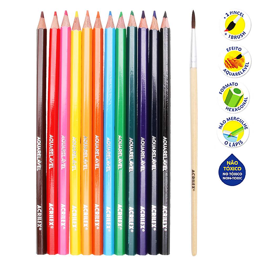 Lápis de Cor Sextavado Aquarelável Acrilex R.09652 12 Cores
